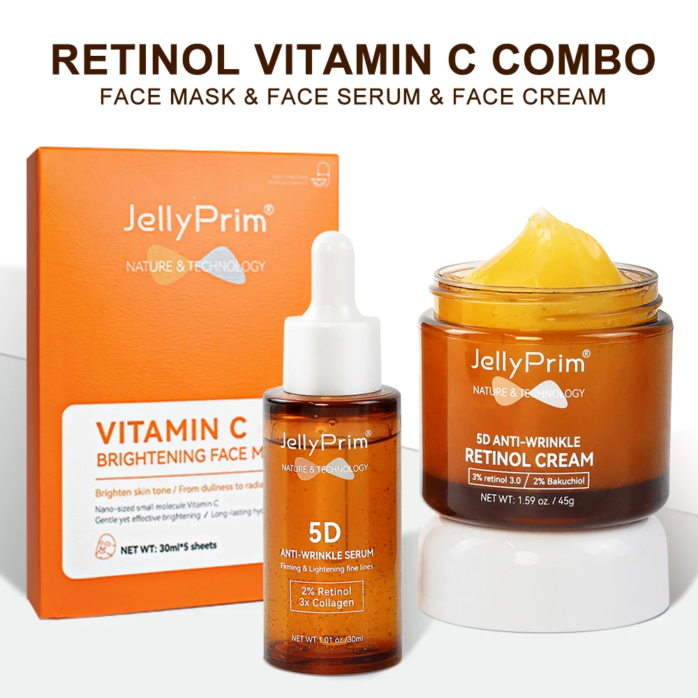 

Face Mask Serum Cream Skincare Set Vitamin C Brightening Hydrating Retinol Anti Wrinkle Combo Facial Skin Care Product JellyPrim