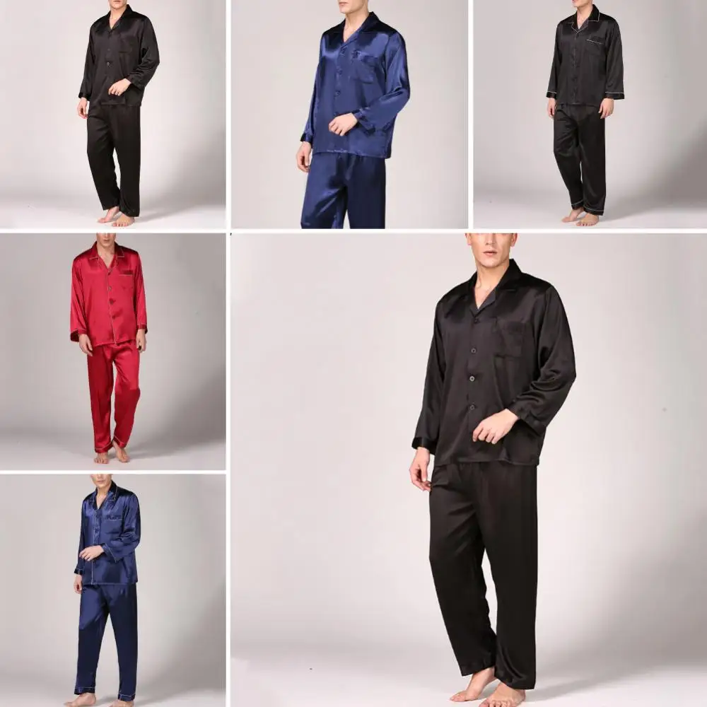 Imitation Silk Sleepwear Men Summer Pajama Set Shirt Pants Home Gown Nightwear