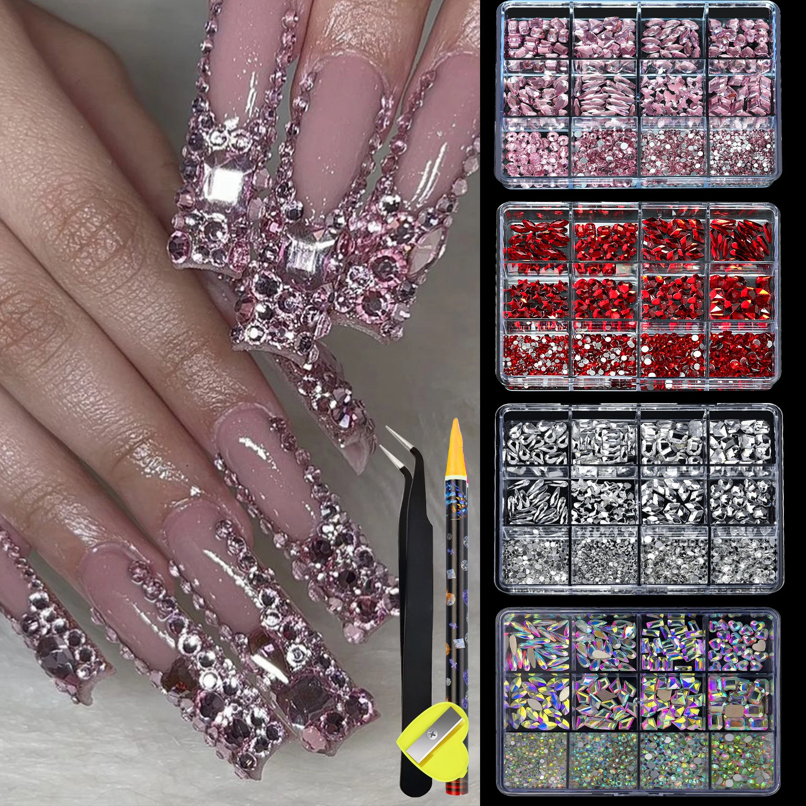 

12 Grid Mixed Shape Crystal Jewelry Stones Supplies For Nails 3D Nail Alloy Gem Rhinestone Jewelry Charms Manicure Accessories *