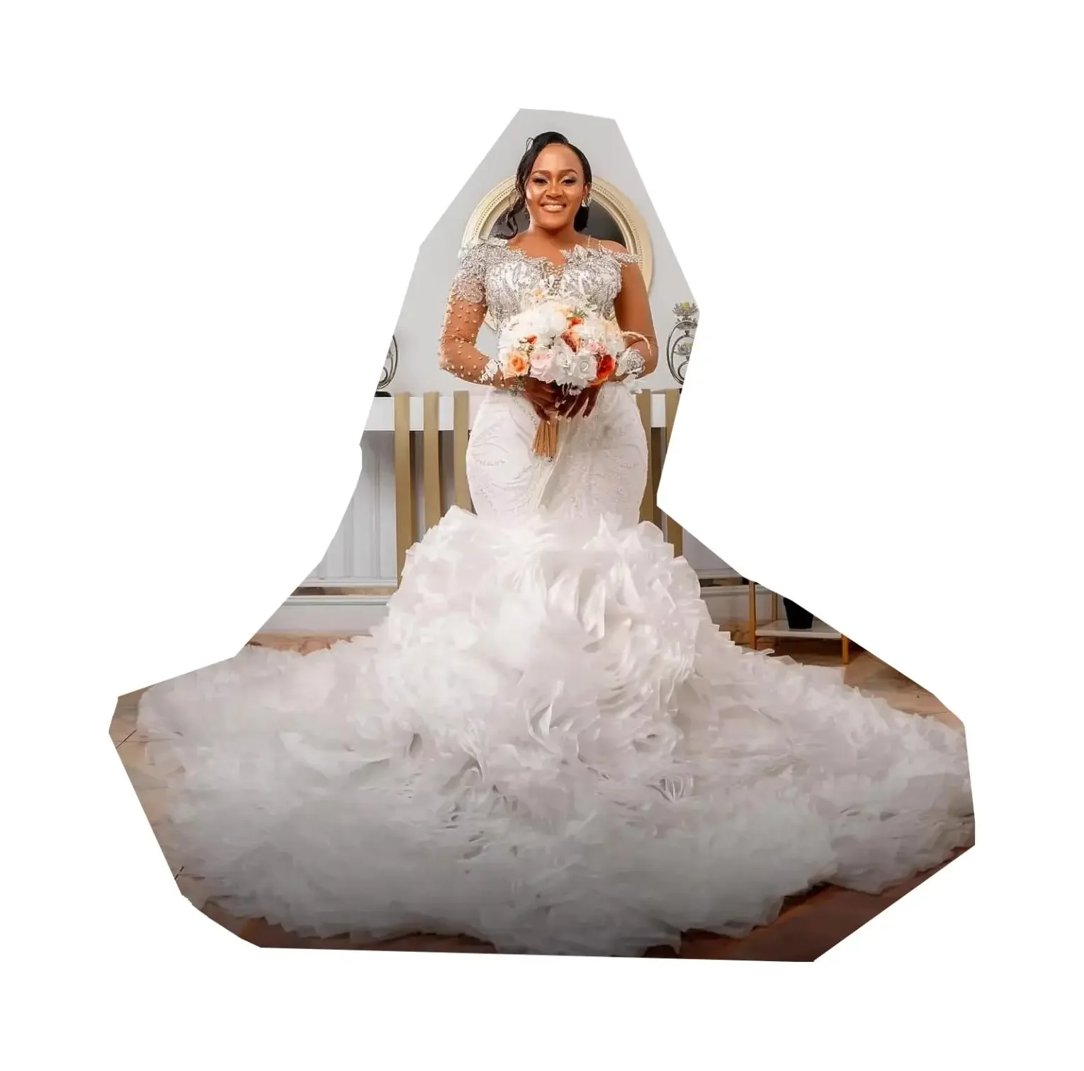 Customized Scoop Neck Shinny Crystals Appliques Wedding Dress for Bride Marriage Long Sleeves Removable Tiered Skirt Bridal Gown
