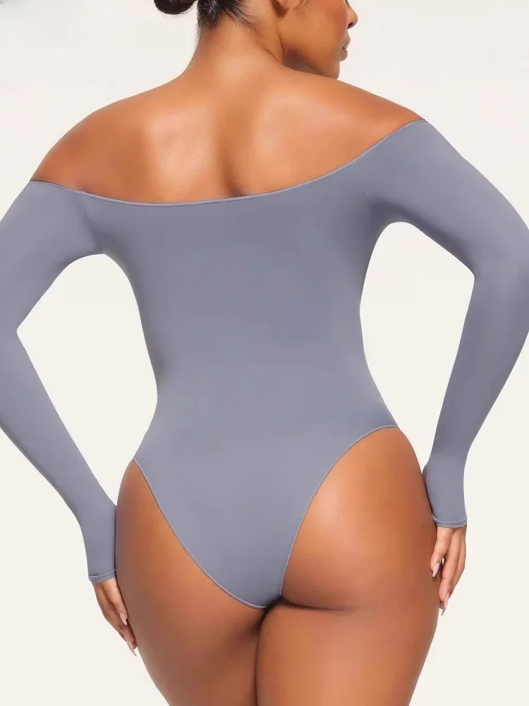 MissM Light ential oulder Bared Long Sve Base Layer Bodycon Onesie High Waist Straight Cut ort Leg Cotton Blend