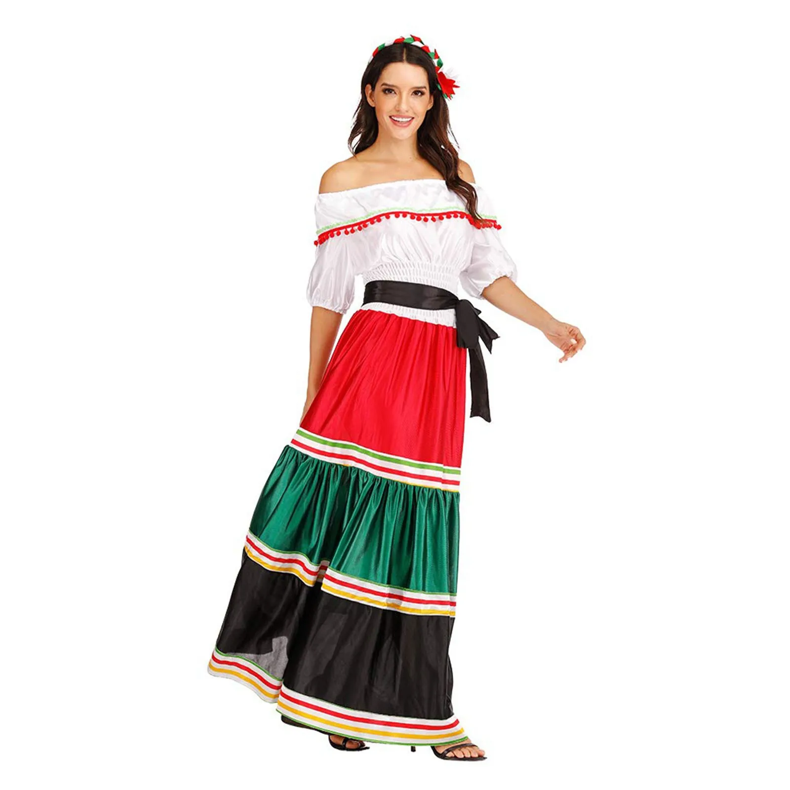 Halloween Costume Mexican Dress Adult Traditional Senorita Dance Elegant Off Shoulder Dresses Casual Summer Color Block Dress