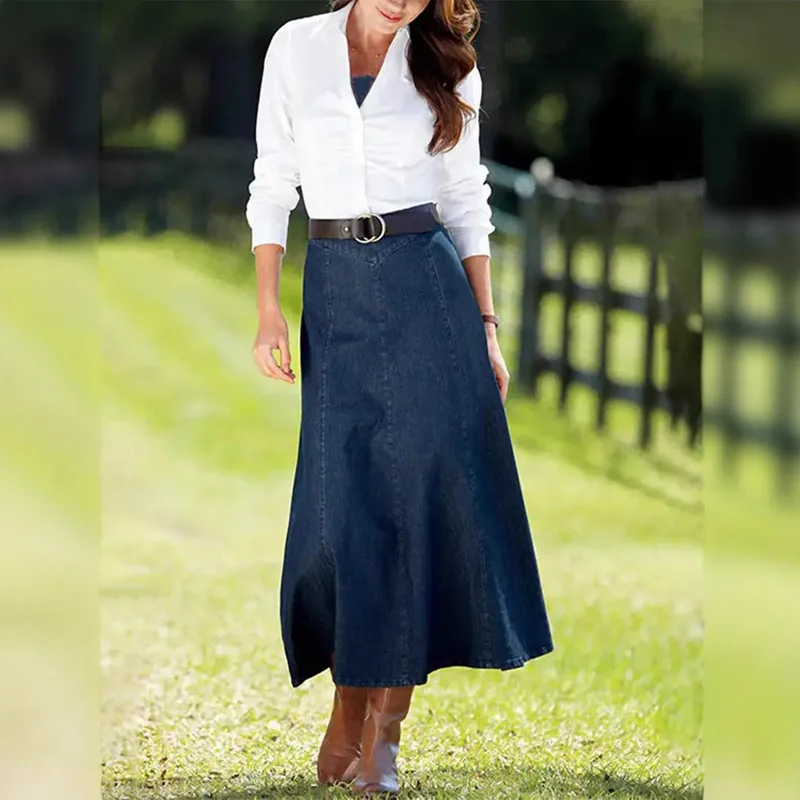 

Women Long Denim Skirts Dark Blue Elegant Spring Lady Wear Knee Length Fashion Girl Student Casual Outwear Clothes