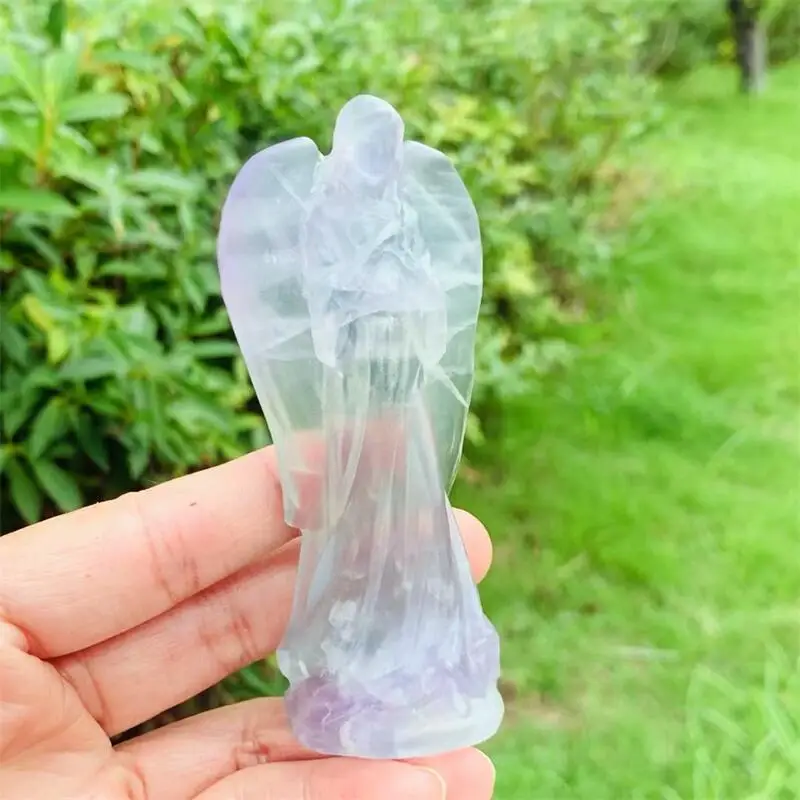 10CM Natural Fluorite Angel Carving Handmade Crafts Healing Fengshui Reiki Stone Home Decor Decoration 1PCS