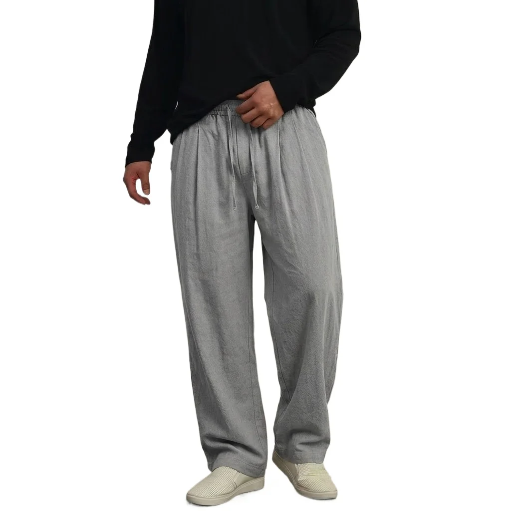 New Men's Casual Straight Leg Pants Autumn Wide Leg Cotton Pants Sport Large Trousers Breathable Lightweight Linen Baggy Pants