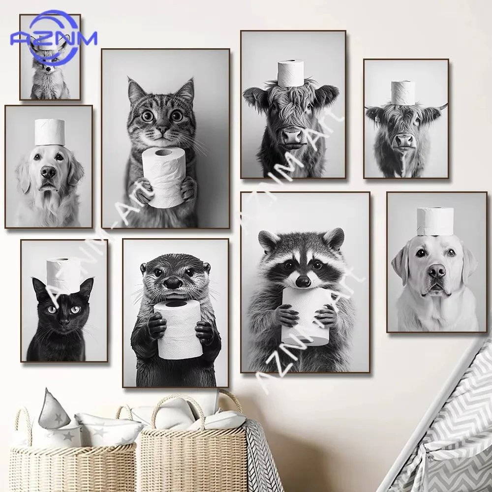 1pc  Highland Cow Otter Raccoon with Toilet Paper Poster Print Canvas Painting Bathroom Wall Art Funny Humor Home Decor