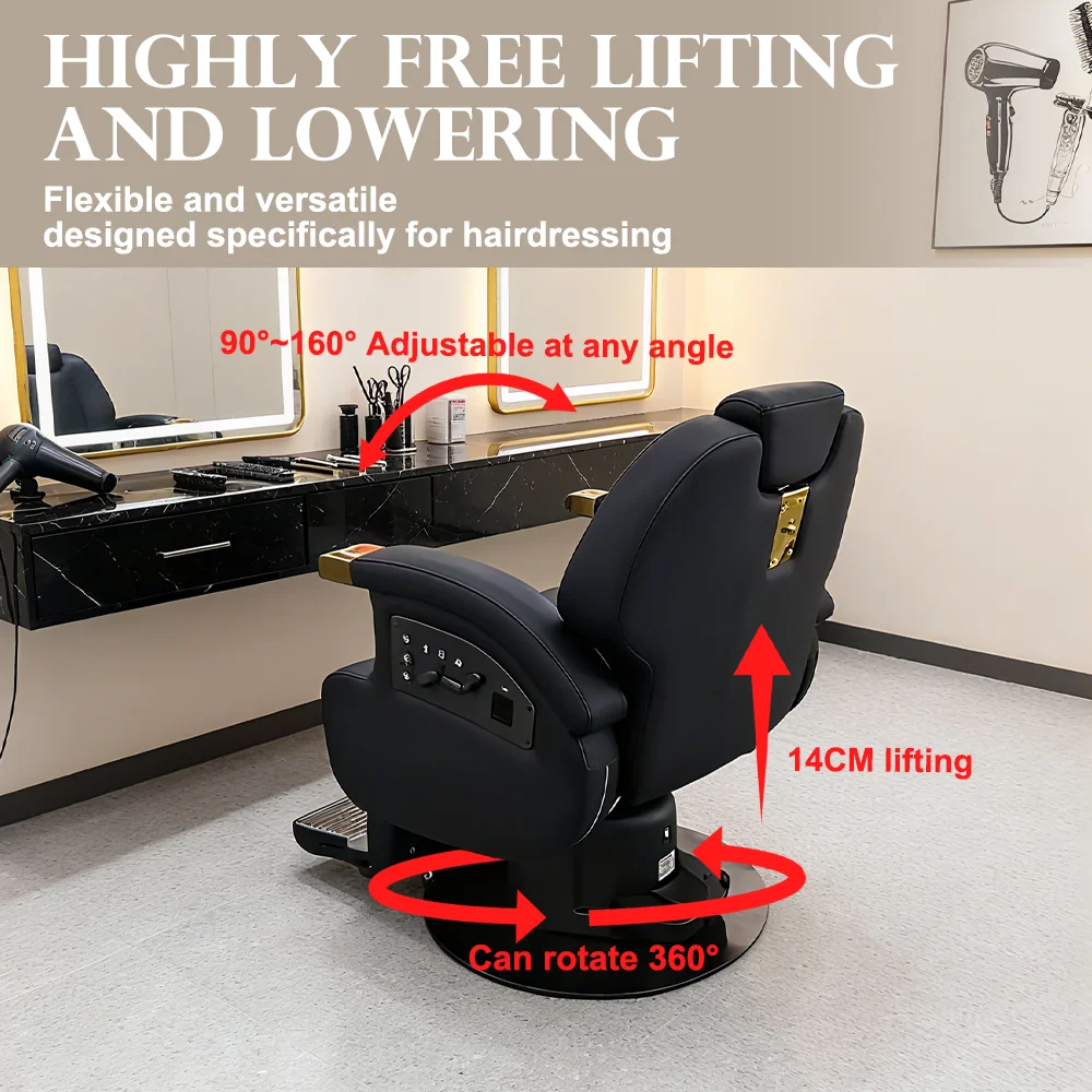 كراسي بربرية جديدة من الجلد الأسود قابلة للتعديل، كرسي حلاقة دوار كهربائي مع وظيفة التسخين #4