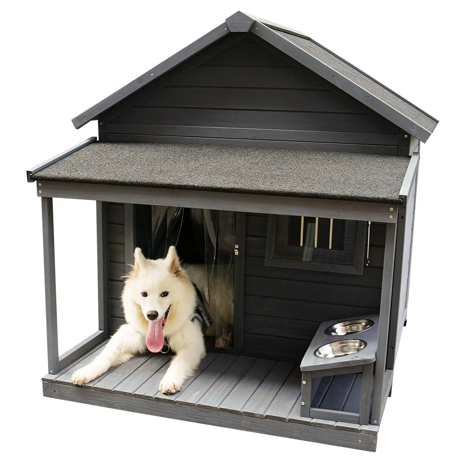 Wooden Outdoor Large Dog House with Balcony and Asphalt roof - Outdoor Insulated with Windproof Curtain, Food Bowl and Cozy mat