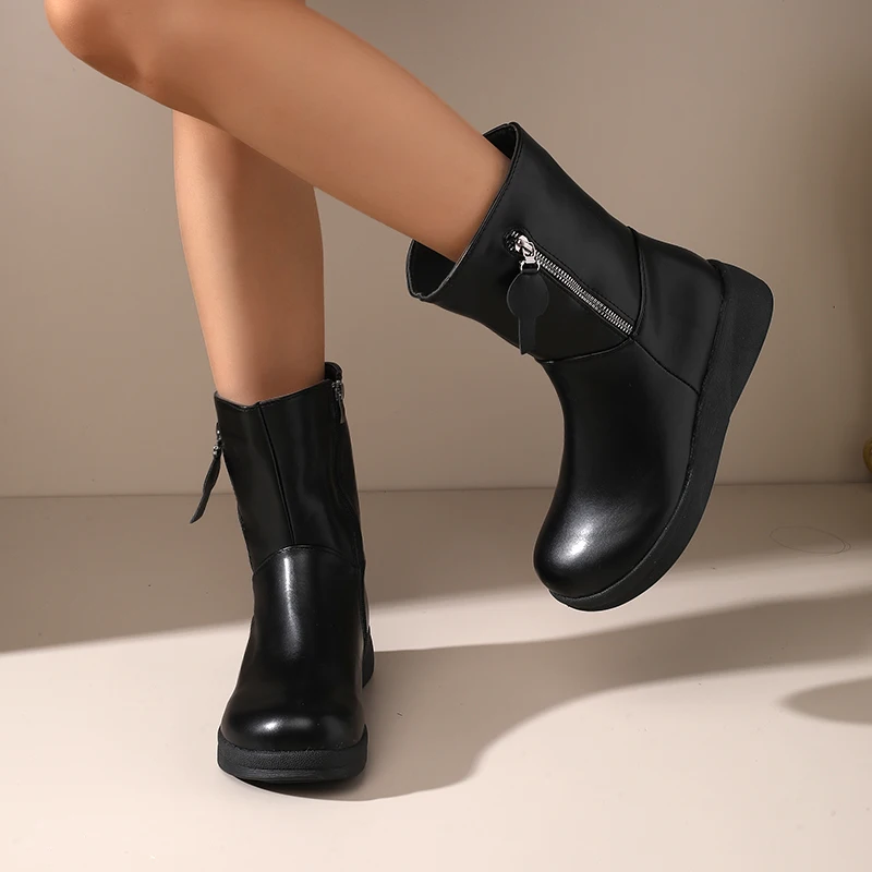 

Winter Essential！Ultra-Comfortable Round-Toe Flat Mid-Calf Boots with Thick Chunky Soles&Fleece Lining–Perfect for Cold Weather！