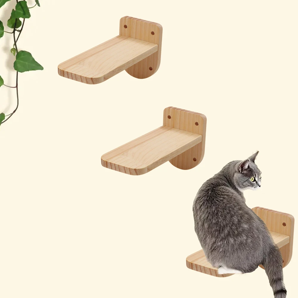 Set of 3 Natural Wood Cat Wall Floating Steps Ladder Stairs Wall Mounted Wooden Cat Furnitures Climbing Shelves and Perches