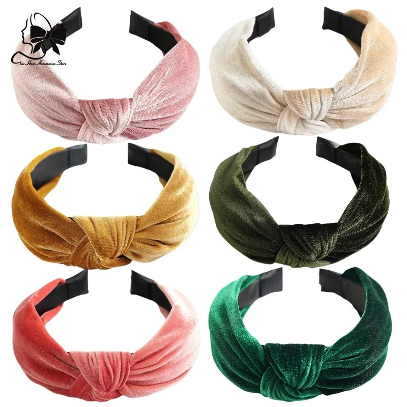 Vintage Women Velvet Hair Hoop Hair Bands Girls Colorful Headband KnotHairband Wide Headwear Accessories