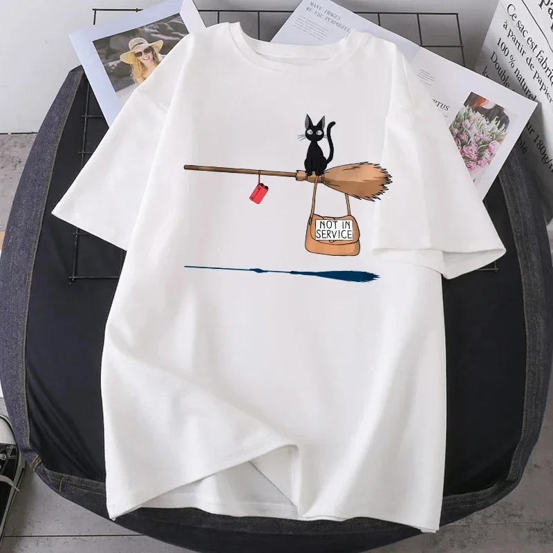 Magic Broom Cat Harajuku T-shirt Women's Fashion Short Sleeved Summer T-shirt Black Outdoor Fitness T-shirt Poleras Women's