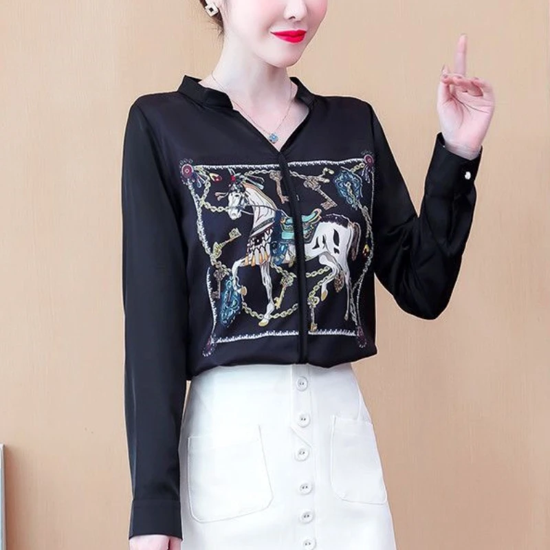 2024 New Spring and Autumn Retro Fashion Chiffon Pullovers Long Sleeve V-neck Solid Color Printed Splicing Women's Shirt Top