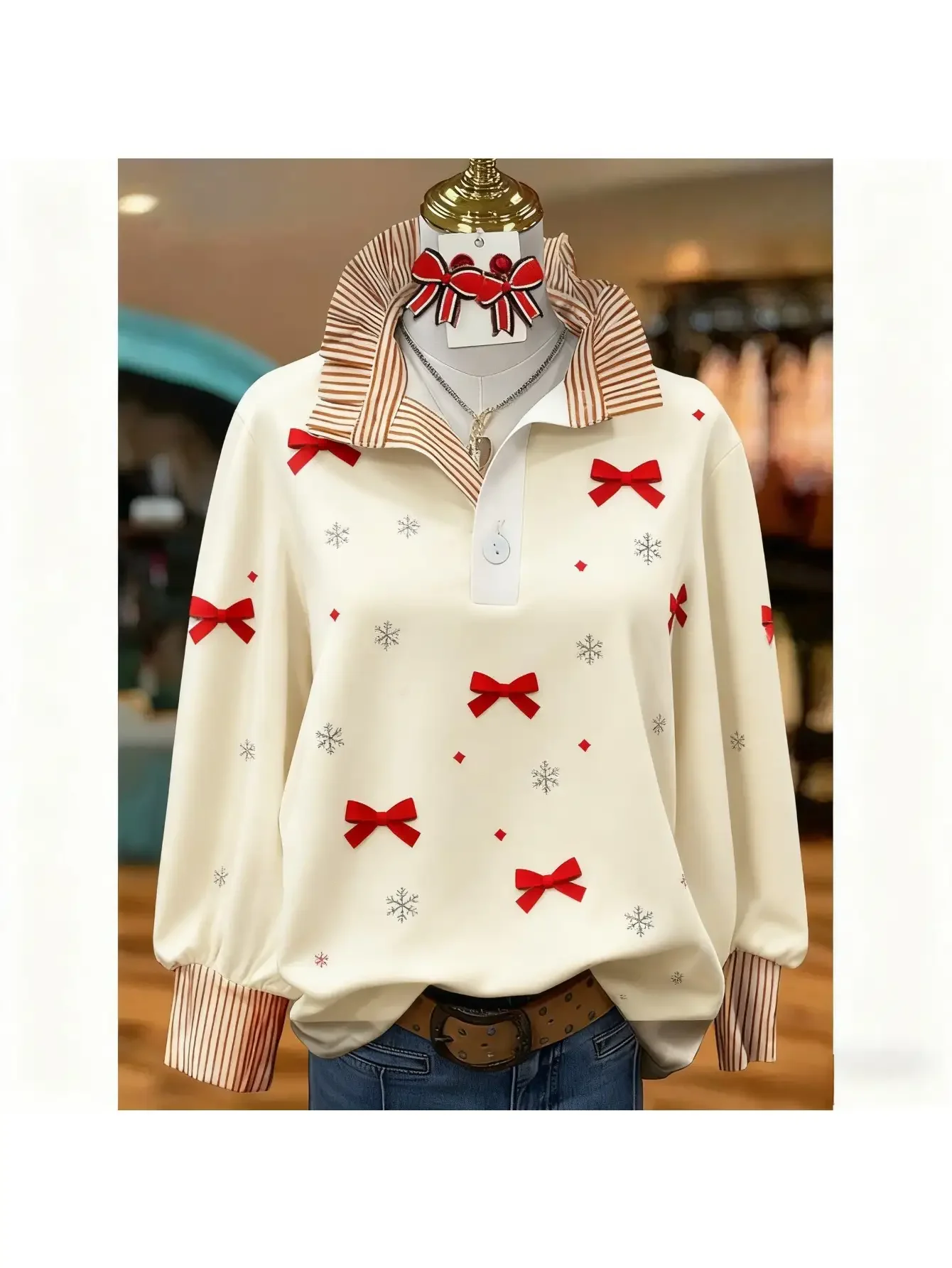 2026 Women's striped retro fashion shirt with multi-color striped collar and Red and black line elements