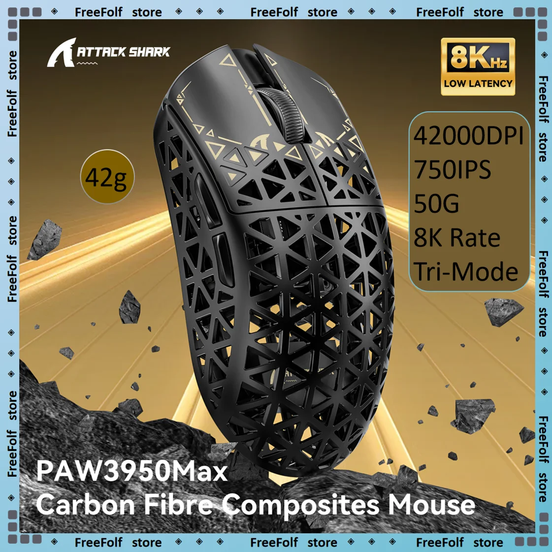 ATTACK SHARK R5 Ultra Carbon Fiber Composites Mouse,PAW3950MAX Sensor,Nordic 52840 Master,42000DPI,750IPS,50G,8K Report Rate