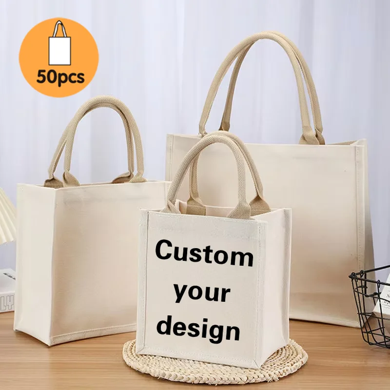 20/50/100pcs Custom Logo Printed Picture 3D Laminated Canvas Tote Bag Bulk Reusable Eco-friendly Shopping Gift Bag With Handle