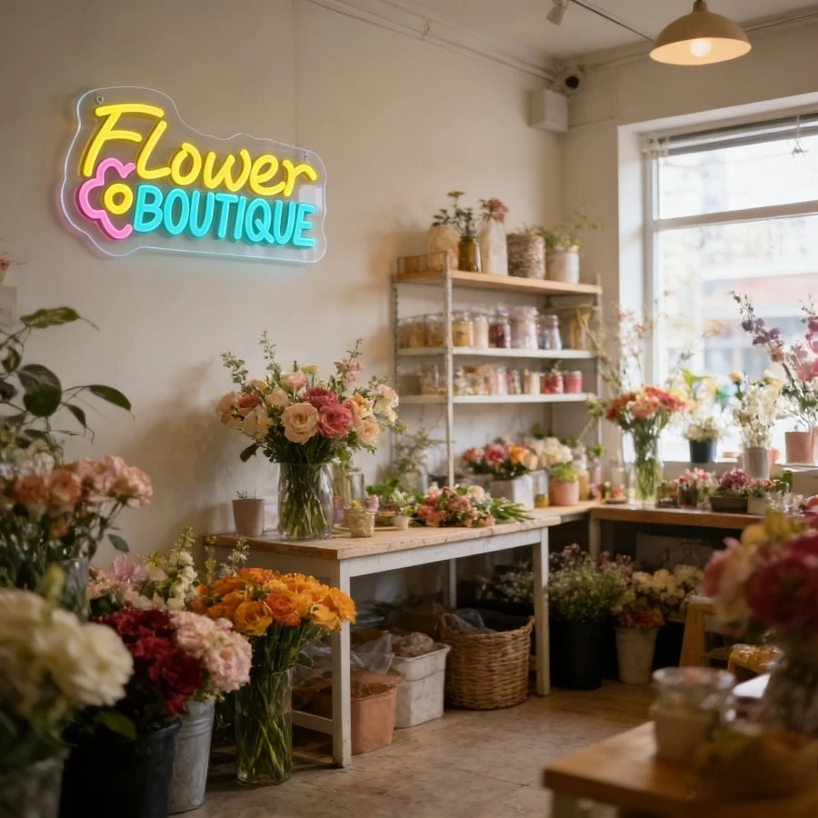 Flower Boutique Neon Sign LED Wall Art Florist Shop Decoration for Wedding Birthday Party Decor Living Room Garden