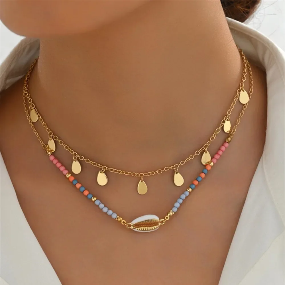 Boho Colorful Bead Chain Shell Gold-plate Water Droplets Sequin Tassel Pendant Necklace For Women Vintage Fashion Choker Jewelry