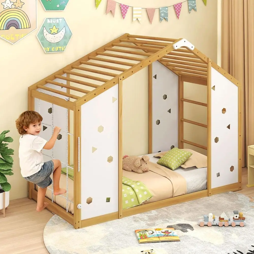 

Twin-Size 3-in-1 Indoor Jungle Gym with Climber, Slide, Swing, and Wood House for Kids