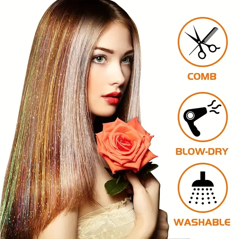 Sparkle Synthetic Hair Extensions Tinsel Rainbow Colored Strands Girls Headwear Hairbinge Hair Laser False Decor image 4