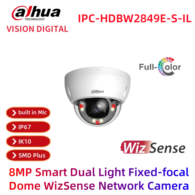 Dahua Full color IPC-HDBW2849E-S-IL 8MP Smart Dual Light Fixed-focal Dome WizSense Network Camera CCTV built in Mic