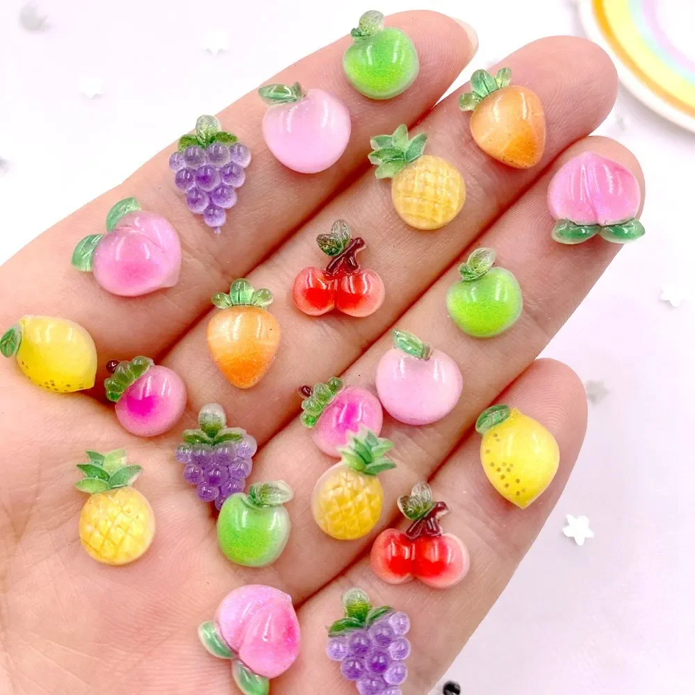 50pcs Resin Colorful Glitter Apple Grape Cherry Radish Fruit Nails Art Flatback Rhinestone Applique DIY Scrapbook Figurine Craft