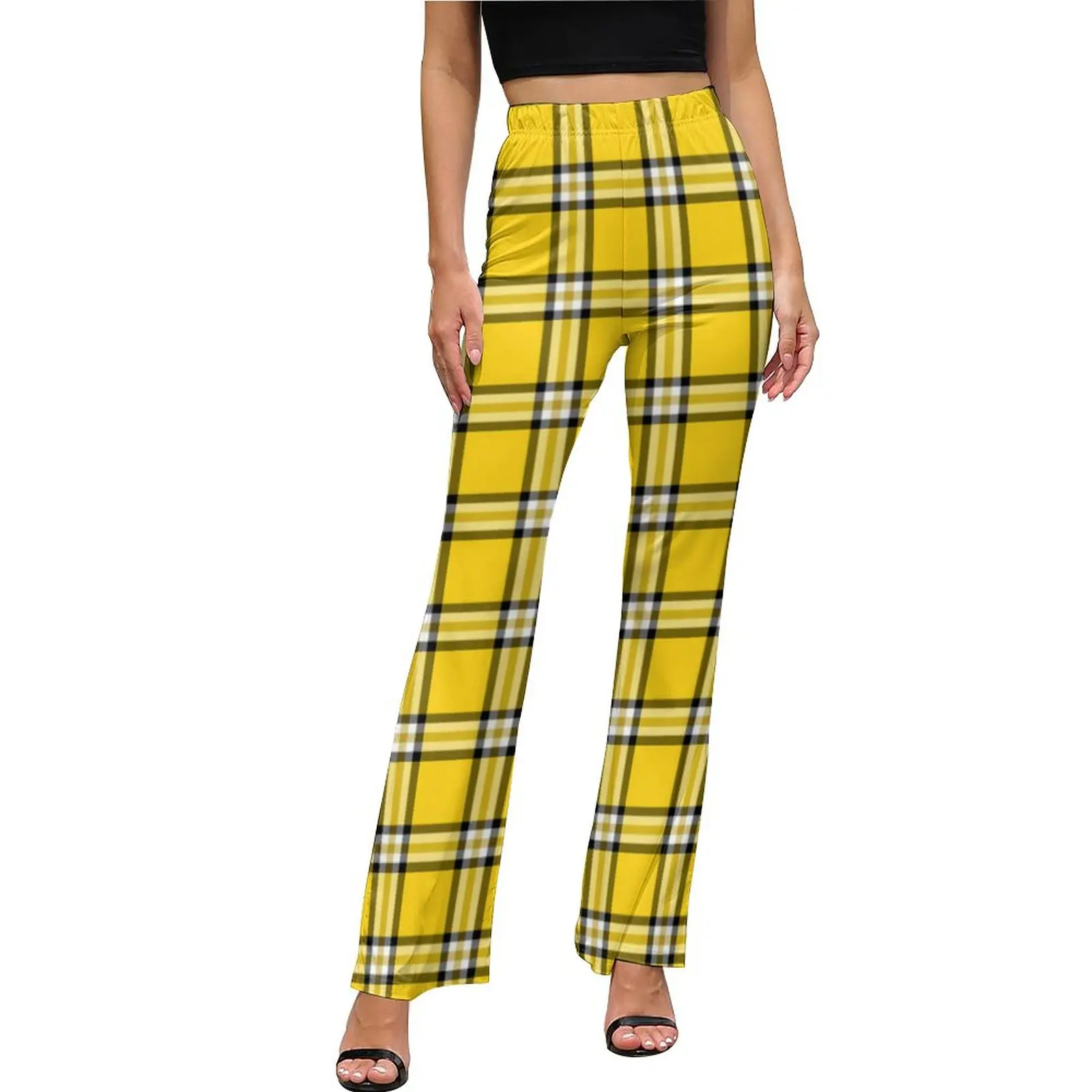 

Yellow Plaid Casual Pants Female Black Lines Print Slim Aesthetic Flared Pants Summer Elegant Graphic Trousers