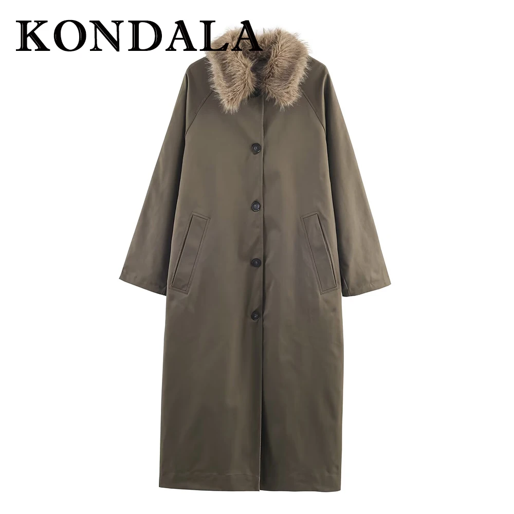 KONDALA Vintage Fake Fur Collar Overcoat Fashion 2025 Autumn Casual Outwear Streetwear Single Breasted Long Pockets Female Coat
