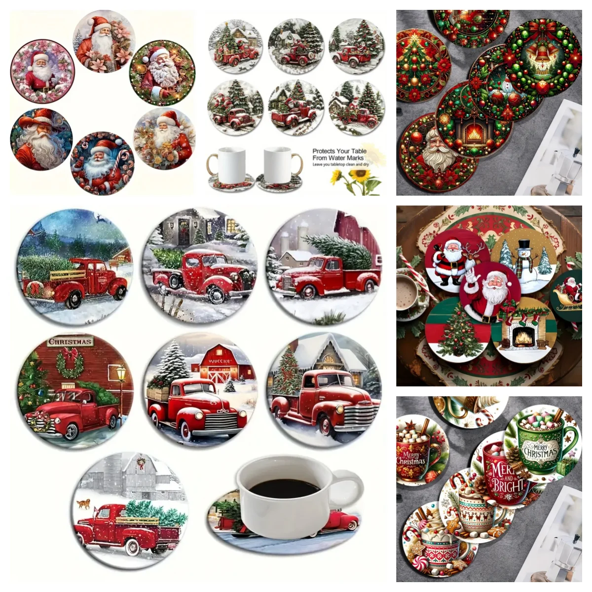 6 Christmas-Themed Round Wooden Anti-Slip and Heat-Insulating Coasters, Office/Kitchen/Decorative Cup Holders, New Year Gifts