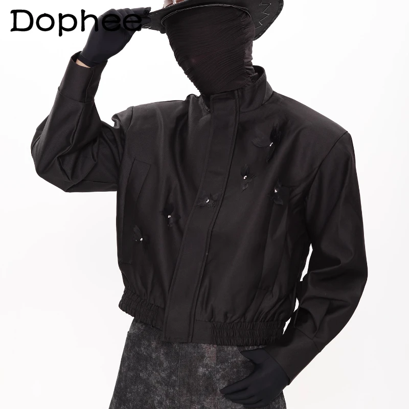 

Men's 2025 Autumn Coats Male Butterfly Shoulder Pad Stand Collar Solid Color Jackets Men's High-end Short Style Zipper Jackets