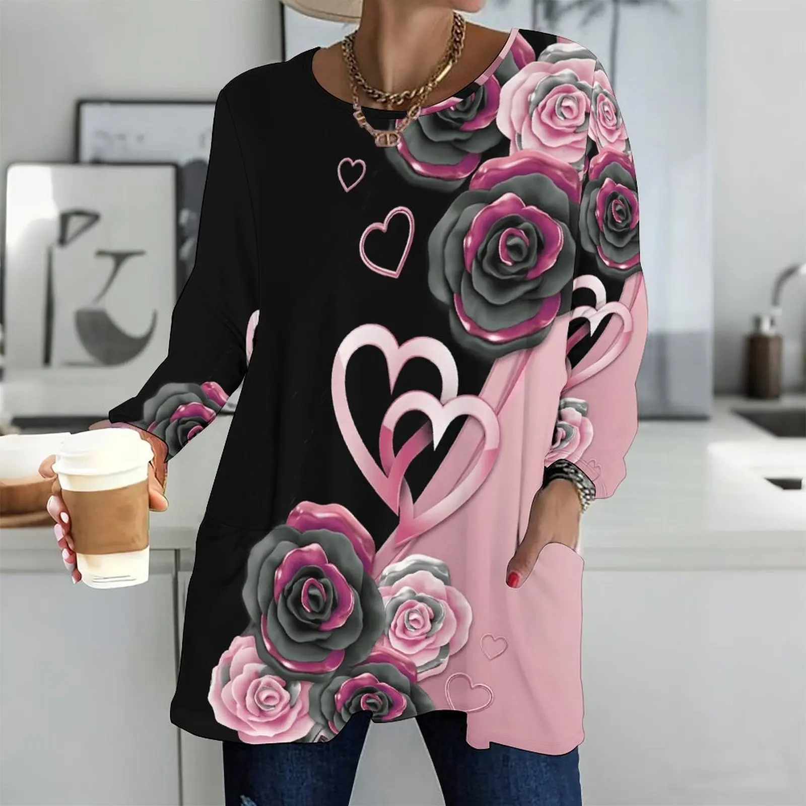 Women Printed Top Round Neck Long Sleeve Front Pockets Loose Fit Longline