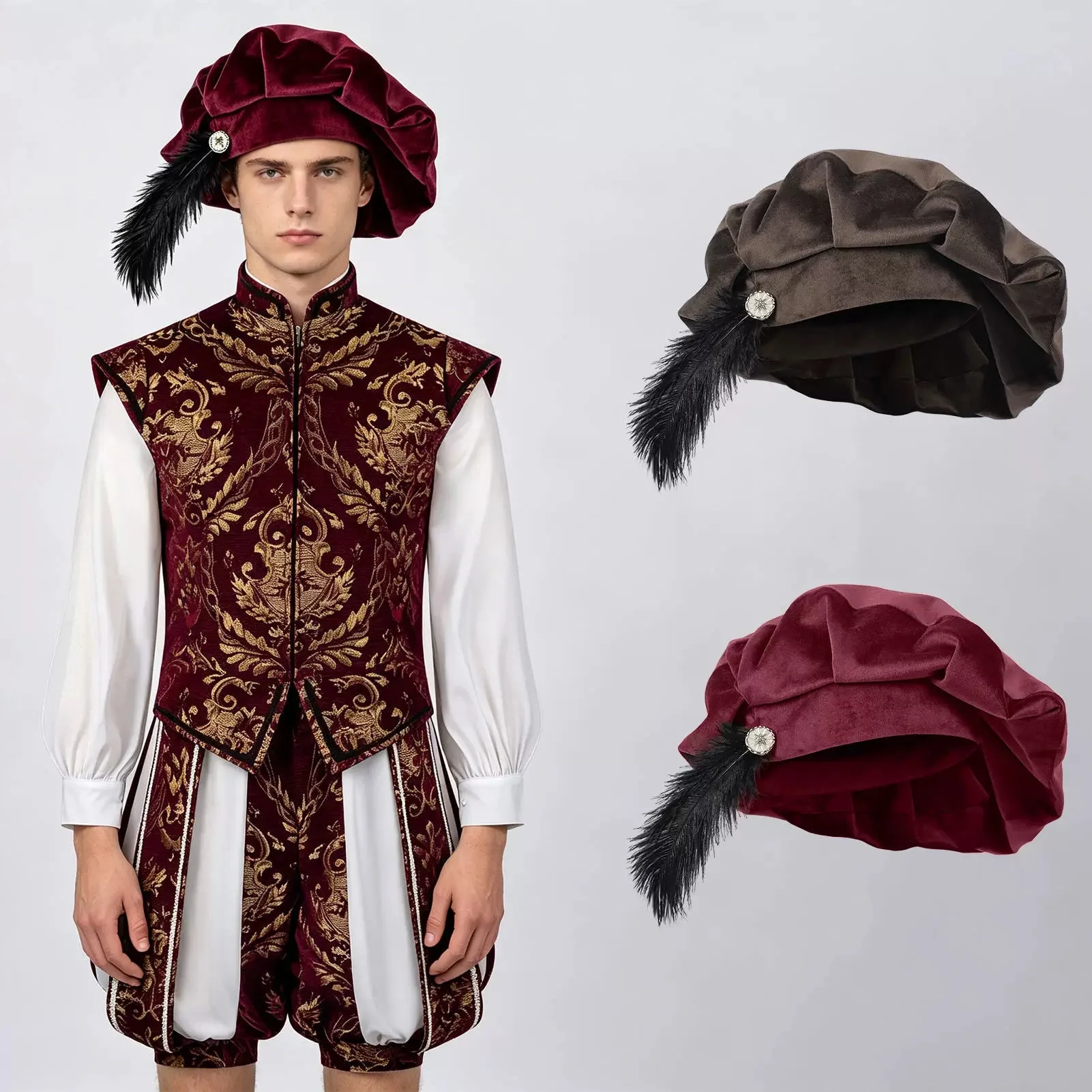 unisex-medieval-feather-hat-renaissance-beret-vintage-clown-stage-cos-headpiece