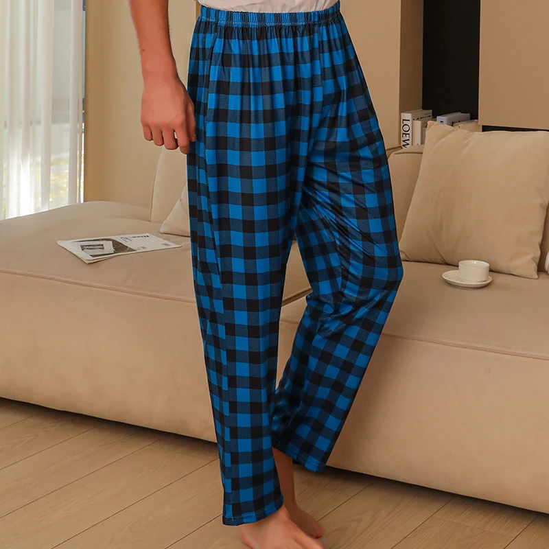 Men\'s spring and autumn checkered printed casual oversized thin pajamas and pants with pockets available in various colors