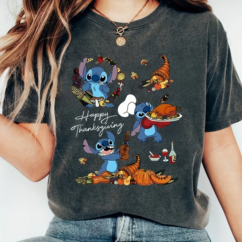 Koszulka Disney Stitch na Święto Dziękczynienia, damska koszulka z czystej bawełny, nowa męska i damska odzież codzienna w stylu streetwear