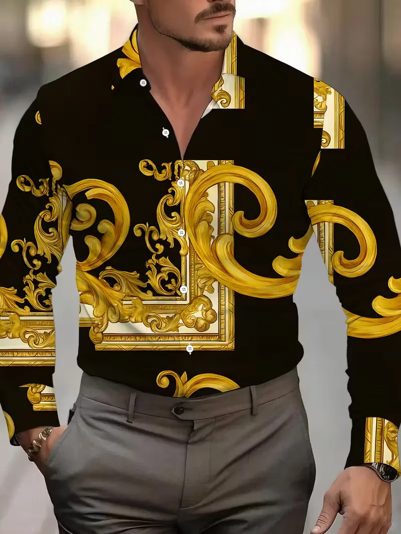 

3D golden butterfly print long sleeved single breasted men's casual long sleeved shirt street fashion lapel shirt