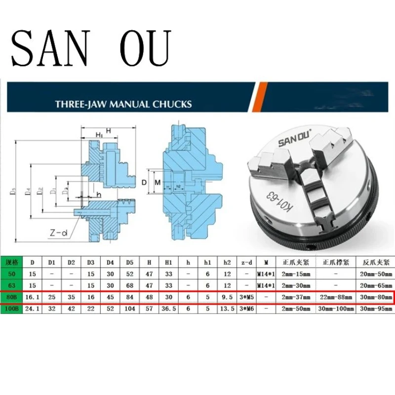 Sanou K01-80 K02-80 Lathe Chuck three jaw four Jaw,Without threads Flange connection for Mini DIY Wood Lathe