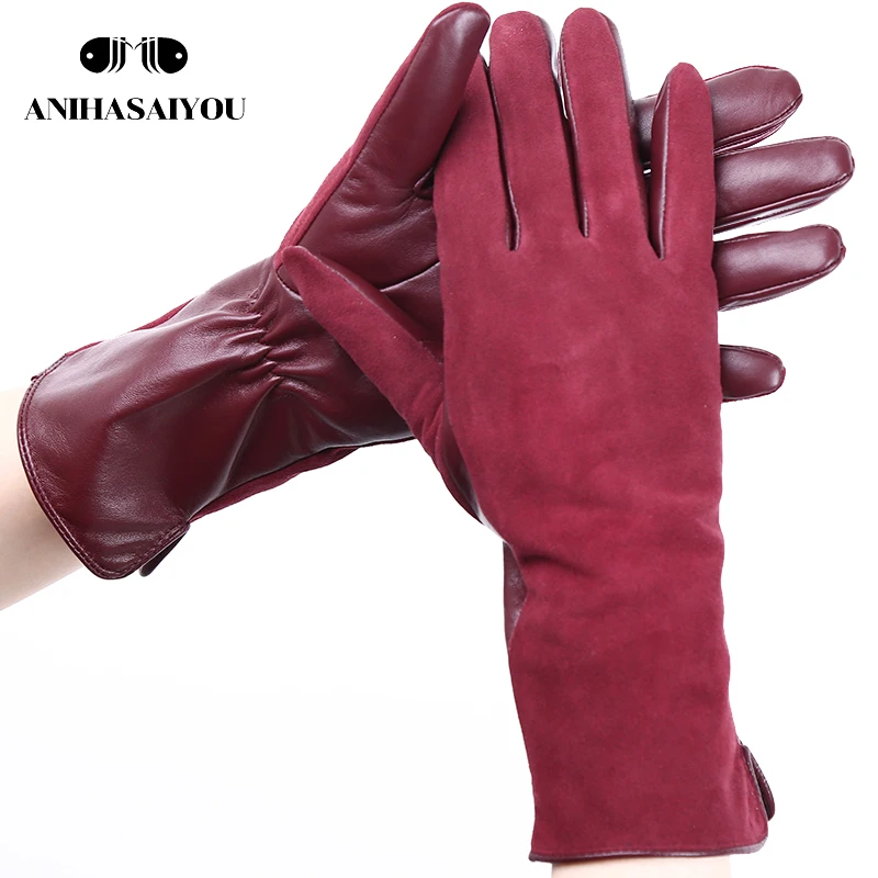 Gants en cuir véritable 50% daim 50% pour femme, longs et chauds, à la mode, couleur, hiver-2008