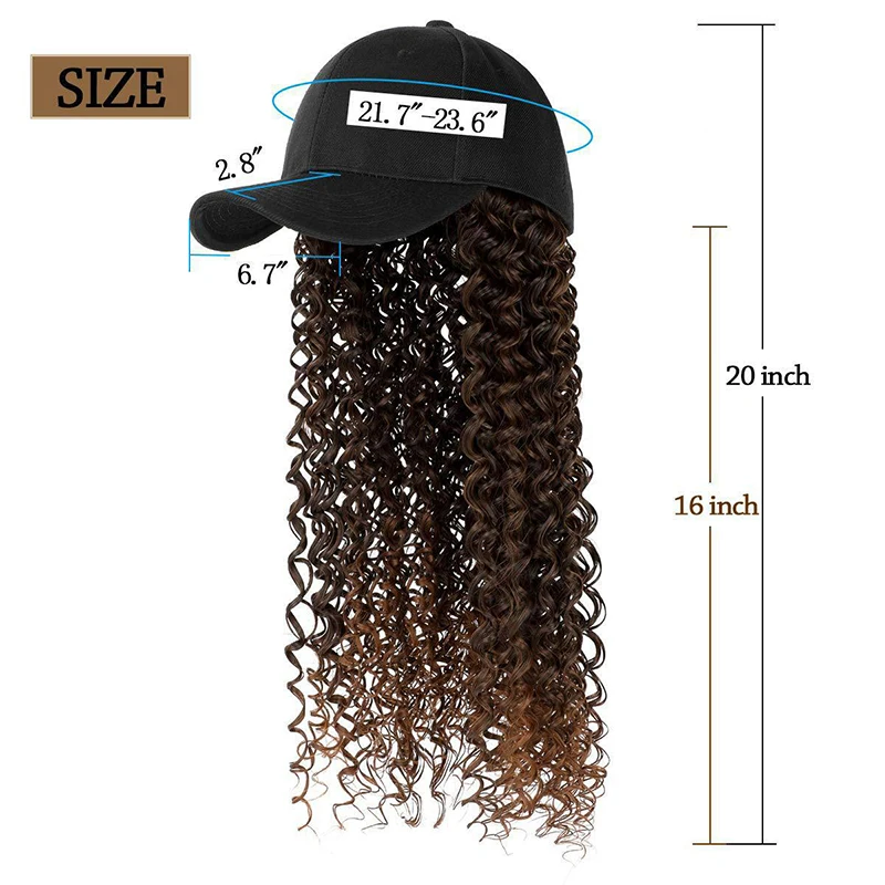 Hat Wig for Women Black Baseball Cap with 16in Hair Extensions Adjustable Wig Hat Kinky Curly Seamless Connection Hairpiece