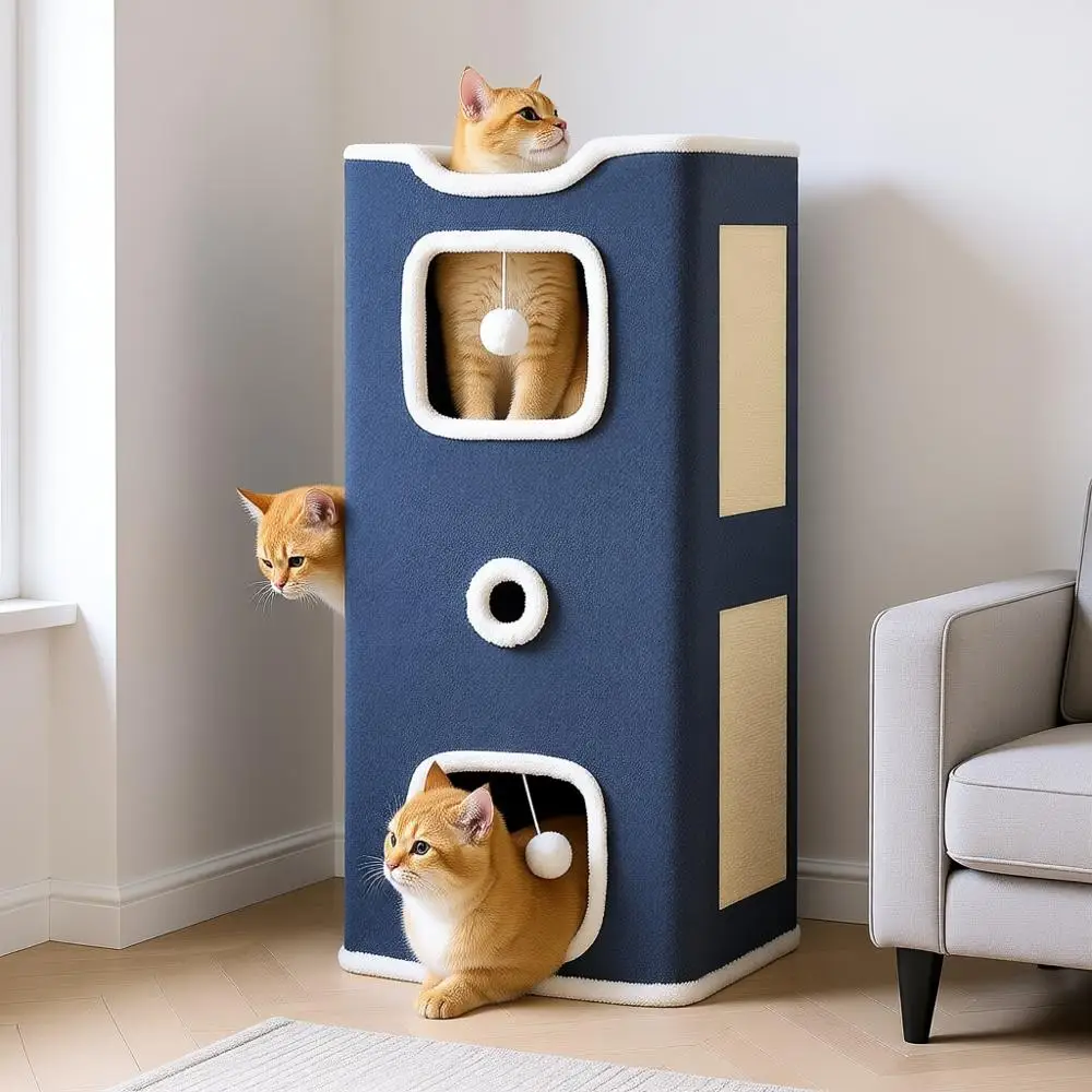 

3-Cat Condo Cube with Scratch Pad and Hanging Ball, Multi-Level Hideout for Multiple Cats