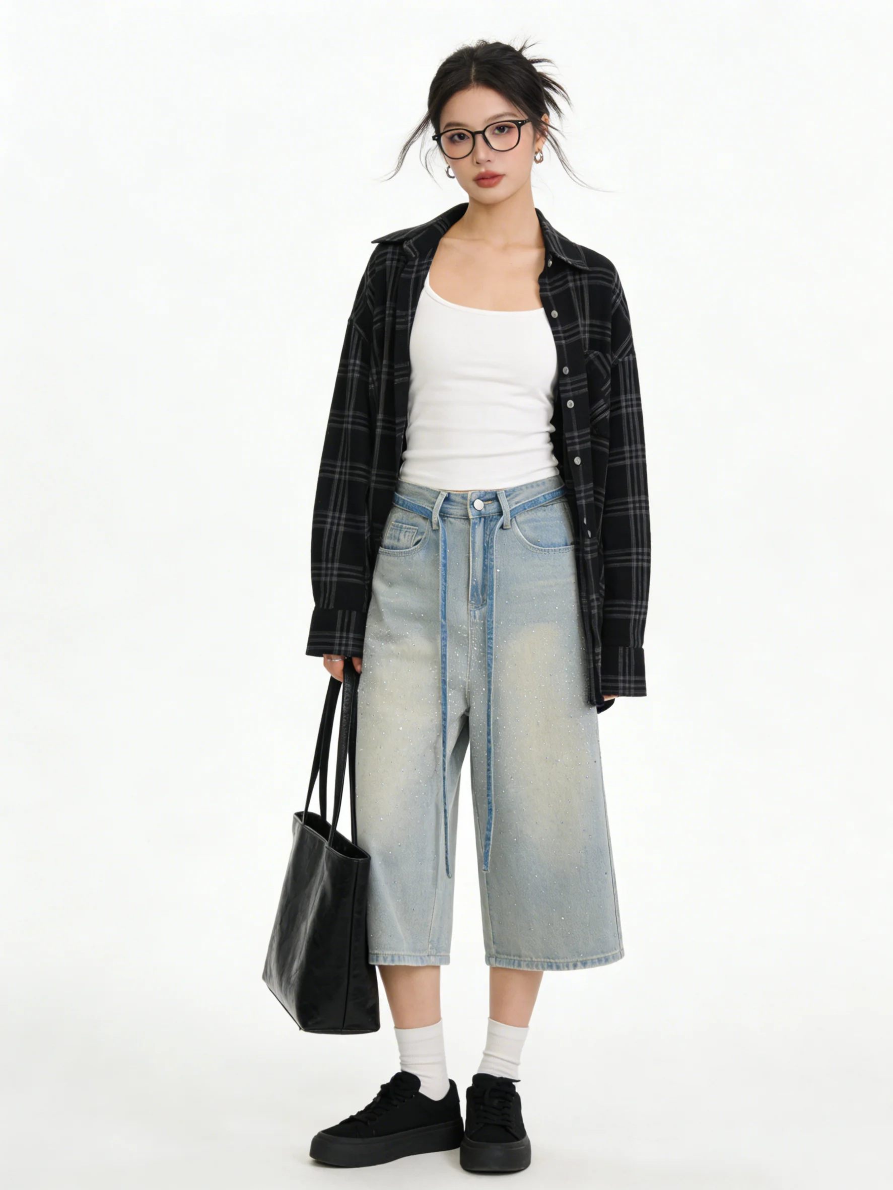 

Женские джинсы с высокой талией и широкими штанинами, летние, свободного кроя, с эффектом похудения, с карманами 7 дюймов, с эффектом потертости, со стразами, повседневные, деним