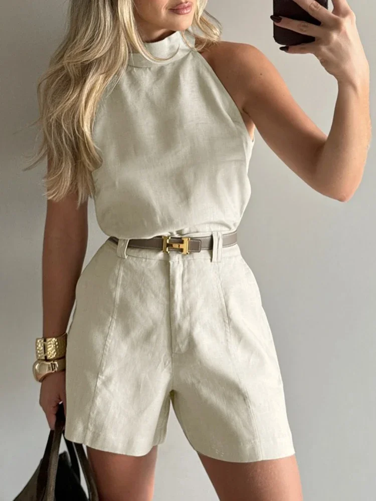 Conjuntos cortos de oficina a la moda para mujer, novedad de 2025, pantalones de pierna ancha de cintura alta colgantes con cuello de Color sólido, conjunto de dos piezas