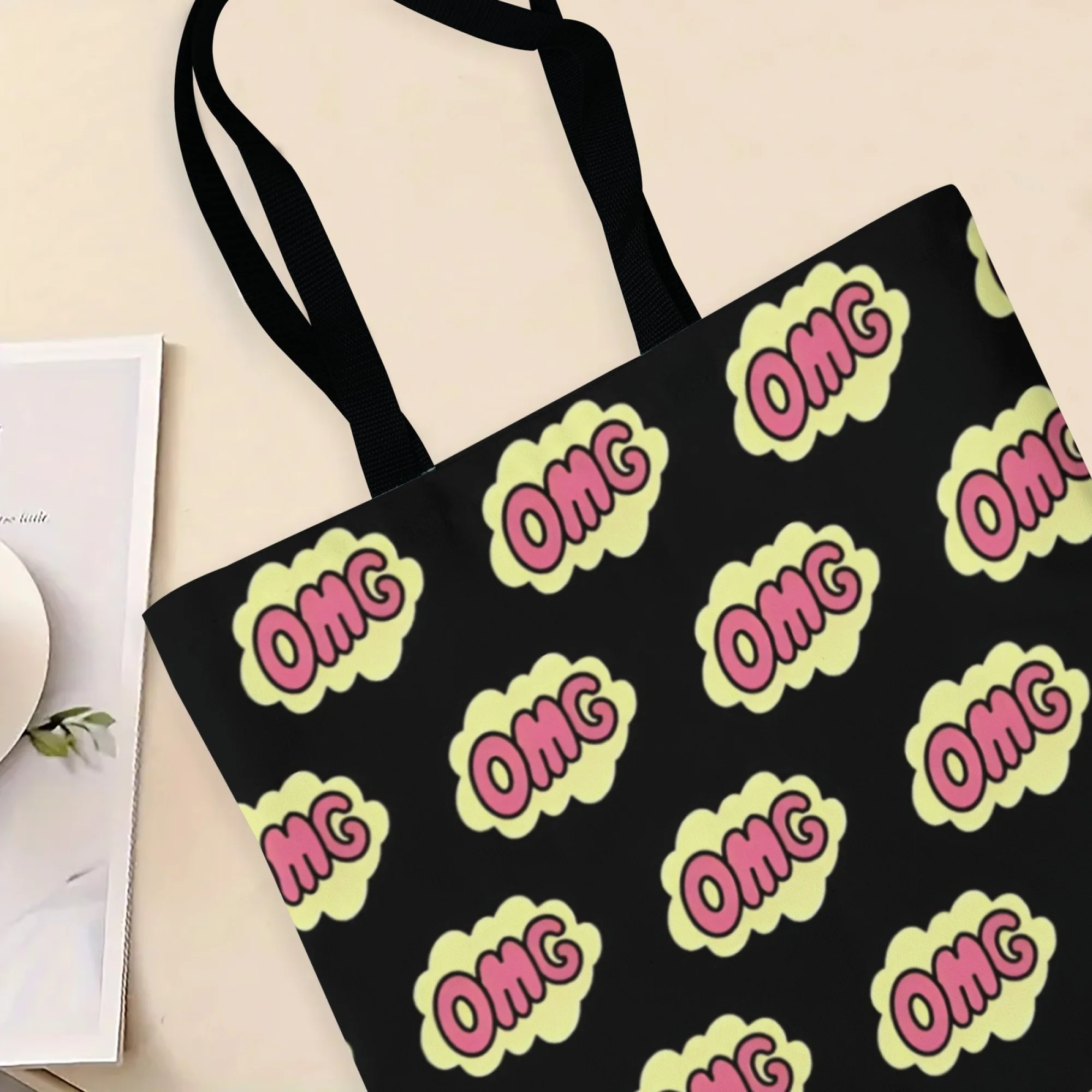 Women's Minimalist Vibrant Pop Art Canvas Tote Bag Black "OMG" Shoulder Bag for Women Reusable Shopping Bag for Daily Shopping