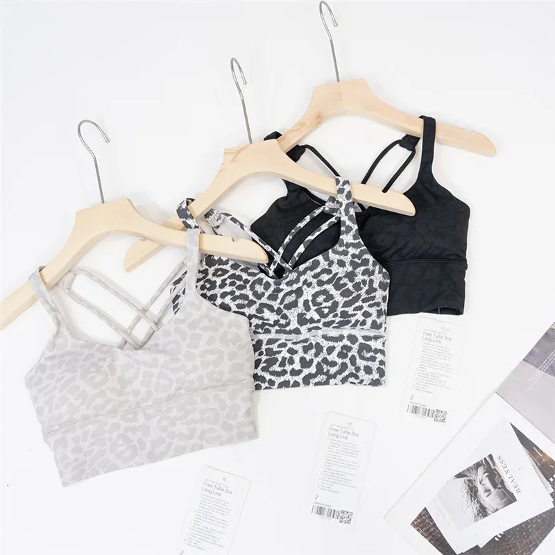 Leopard Print Sports Bra Crisscross Back Shockproof Quick Dry Yoga Tank Top