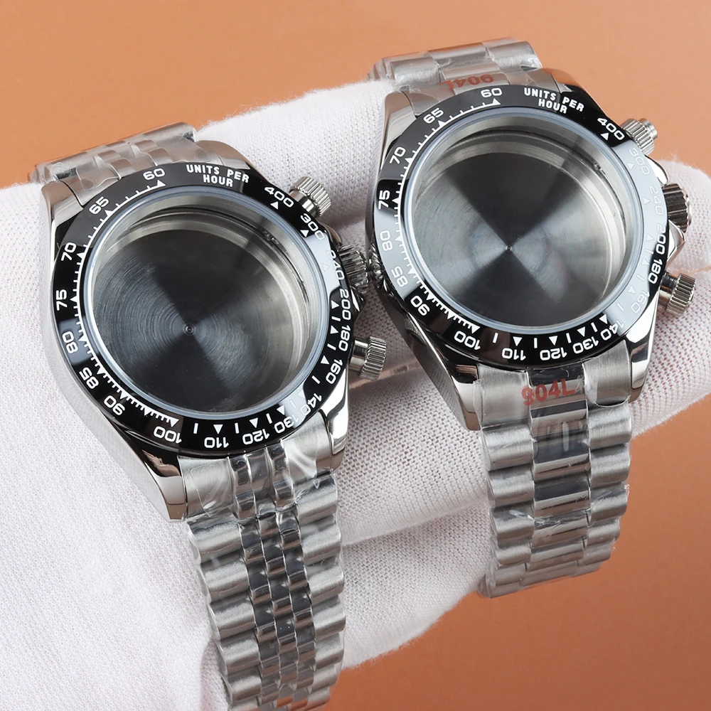 40mm VK63 Case Silver Chronograph Watch Case Stainless Steel Watch Strap Fit DAYTONA VK63 VK64 Quartz Movement Sapphire glass