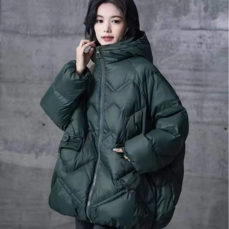 Jaqueta feminina com capuz de comprimento médio, casacos casuais quentes, parkas para baixo, moda coreana, outono, inverno, 2024