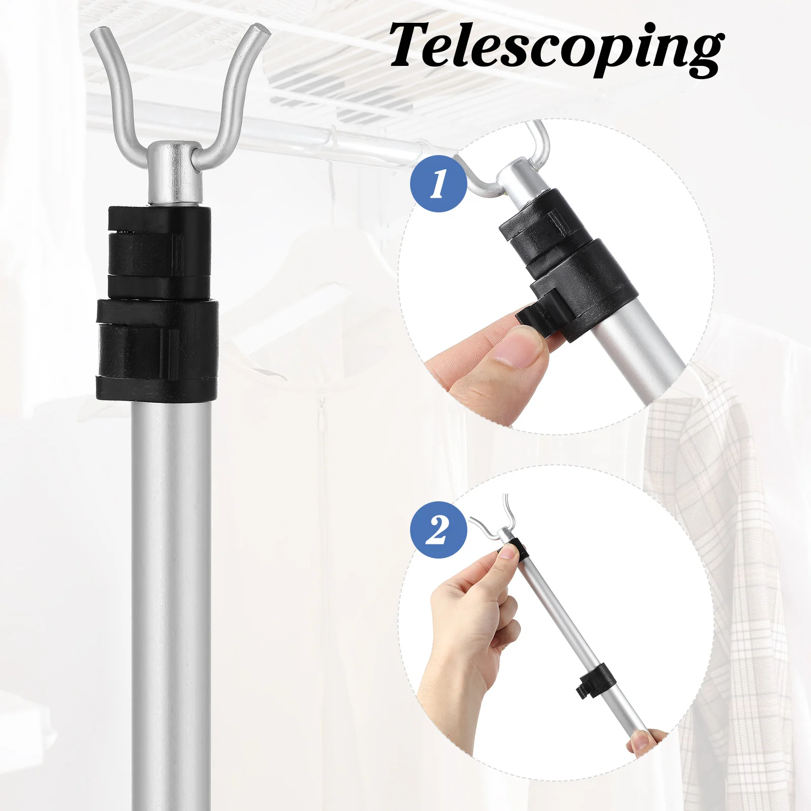 عمود ملابس للمنزل، قضيب غسيل قابل للسحب مع شماعة خطاف خزانة قابلة للتعديل، تدعم تصميم سهل التركيب #2