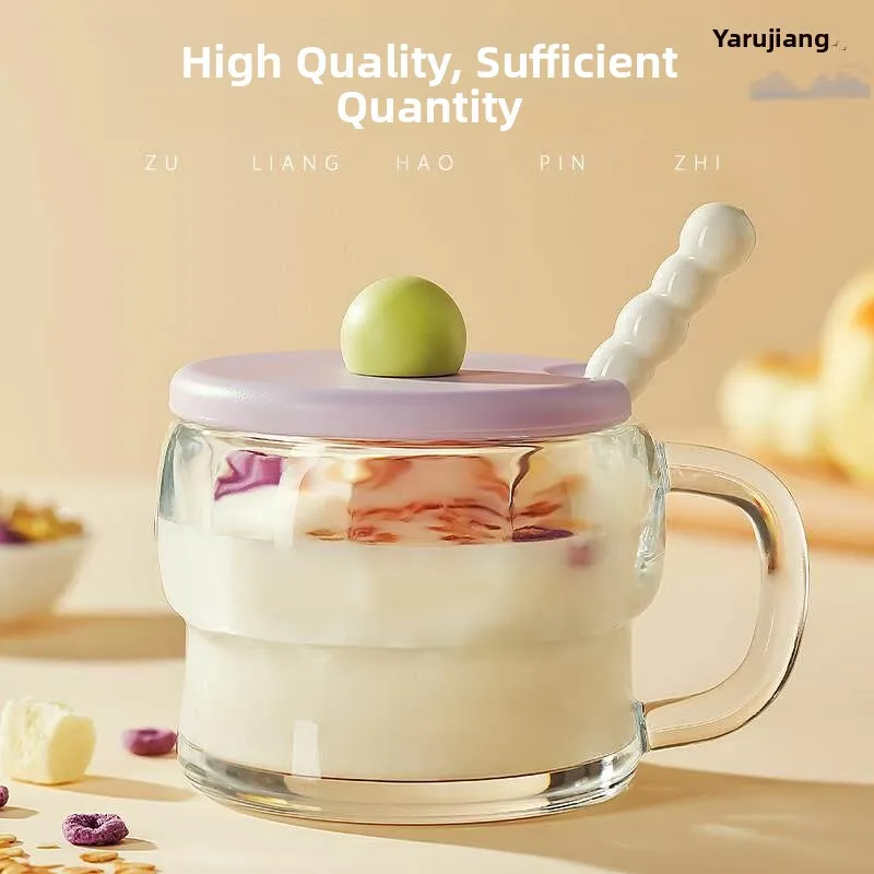 Breakfast Glass Cup with Lid Spoon Milk Oats Transparent Handle High Aesthetic Value Durable Tritan Insulated Adult Beverage Cup
