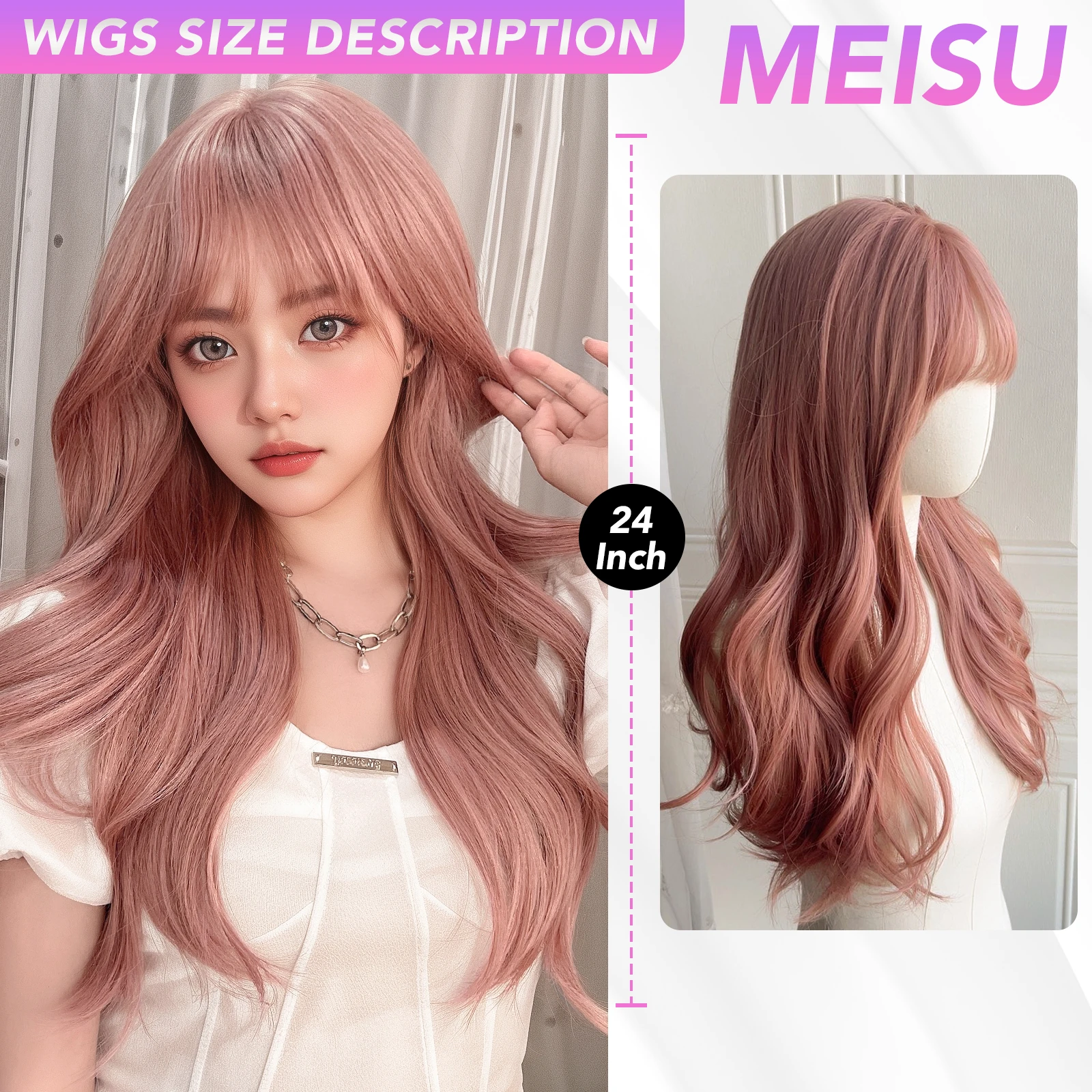 MEISU-pelucas rizadas de fibra sintética para mujer, flequillo de aire, color rosa y marrón, resistente al calor, fiesta Natural o Selfie, 24