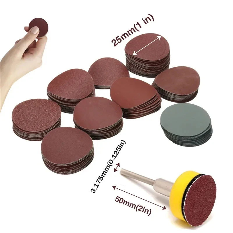 100pcs 25mm/1inch Sandpaper + 1pcs 1inch Hook Loop Backer Plate 1/8inch Shank + 1pcs Loop Sanding Pad Abrasives Mixed Polishing