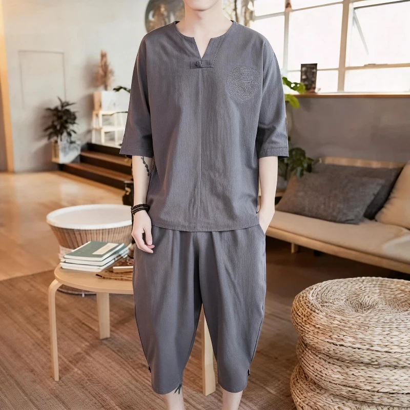 日本の着物刺繍紳士服パンツ半袖-tシャツスーツ男性日本プリントショーツカーディガン原宿服セット